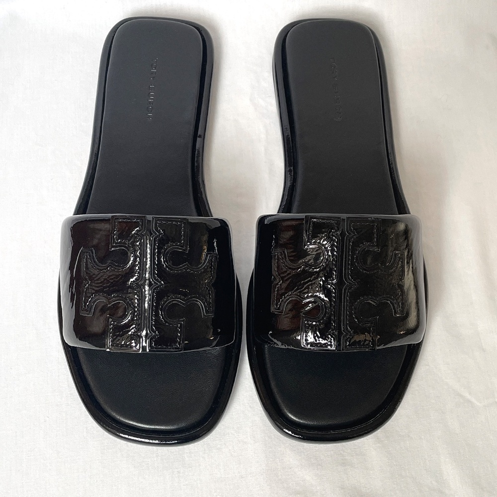 Tory Burch Double T Sport Slide Patent Leather Black 7 - Picture 3 of 11